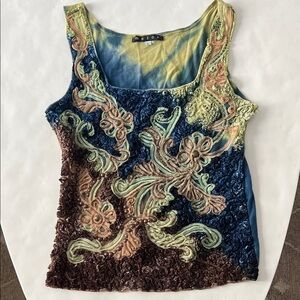 MEZON Abstract Embroidered Floral Tie Dye Y2K Vintage Tank Top Size L